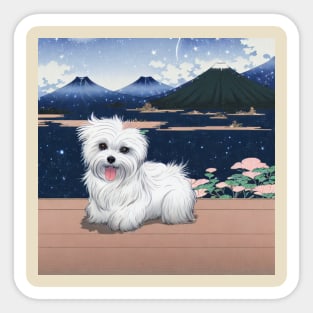 Cute Shih Tzu Maltese Dog Puppy at Japanese Mounts of Fuji Sticker